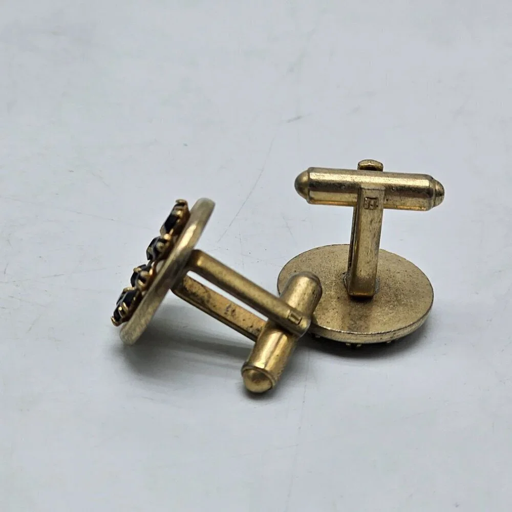 Vintage Gold Tone Cufflinks With Black Rhinestones Circle Design
